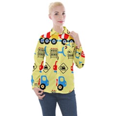 Seamless-pattern-vector-industrial-vehicle-cartoon Women s Long Sleeve Pocket Shirt