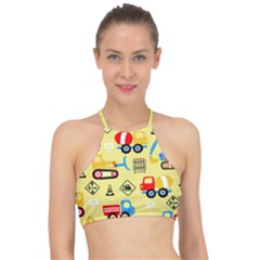 Seamless-pattern-vector-industrial-vehicle-cartoon Racer Front Bikini Top by Jancukart