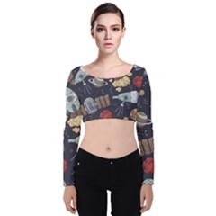 Hand-drawn-pattern-space-elements-collection Velvet Long Sleeve Crop Top