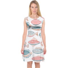 Hand-drawn-seamless-pattern-with-cute-fishes-doodle-style-pink-blue-colors Capsleeve Midi Dress