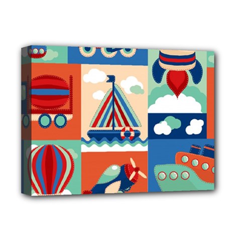 Toy-transport-cartoon-seamless-pattern-with-airplane-aerostat-sail-yacht-vector-illustration Deluxe Canvas 16  X 12  (stretched)  by Jancukart