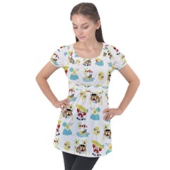 Vector-pattern-with-funny-animals-cartoon-summer-holiday-beach Puff Sleeve Tunic Top by Jancukart