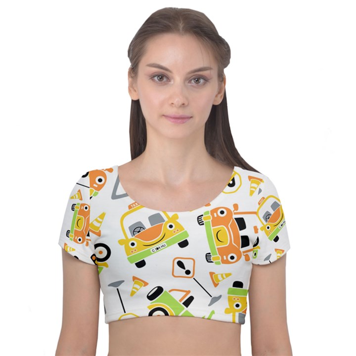 Seamless-pattern-vector-illustration-vehicles-cartoon Velvet Short Sleeve Crop Top 