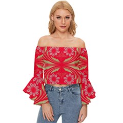 Folk Flowers Print Floral Pattern Ethnic Art Off Shoulder Flutter Bell Sleeve Top