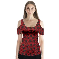 Micro Blood Red Cats Butterfly Sleeve Cutout Tee 