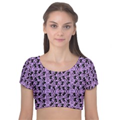 Purple Cat Velvet Short Sleeve Crop Top  by NerdySparkleGoth