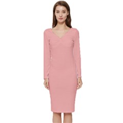 Pink Plain Long Sleeve V-neck Bodycon Dress  by FunDressesShop