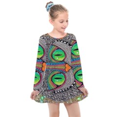 Alice In Wonderland Cat Kids  Long Sleeve Dress by artworkshop