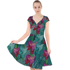 Rare Excotic Forest Of Wild Orchids Vines Blooming In The Calm Cap Sleeve Front Wrap Midi Dress