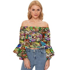 Character Disney Stained Off Shoulder Flutter Bell Sleeve Top by artworkshop