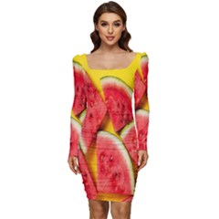 Watermelon Women Long Sleeve Ruched Stretch Jersey Dress by artworkshop