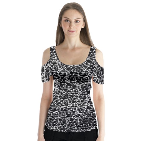 Dark Black And White Floral Pattern Butterfly Sleeve Cutout Tee  by dflcprintsclothing