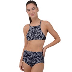 Dark Black And White Floral Pattern High Waist Tankini Set by dflcprintsclothing