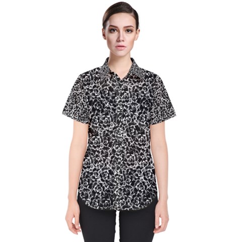 Dark Black And White Floral Pattern Women s Short Sleeve Shirt by dflcprintsclothing