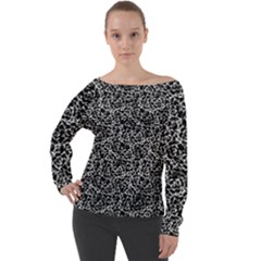 Dark Black And White Floral Pattern Off Shoulder Long Sleeve Velour Top by dflcprintsclothing