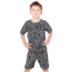Dark Black And White Floral Pattern Kids  Tee And Shorts Set by dflcprintsclothing