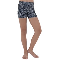 Dark Black And White Floral Pattern Kids  Lightweight Velour Yoga Shorts by dflcprintsclothing