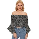 Dark Black And White Floral Pattern Off Shoulder Flutter Bell Sleeve Top View1