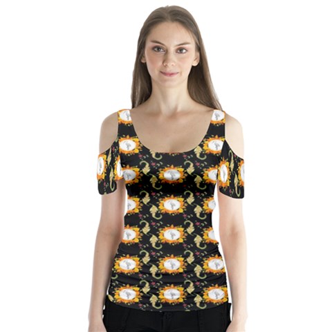 Flowers Pattern Butterfly Sleeve Cutout Tee  by Sparkle