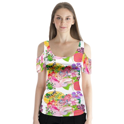 Bunch Of Flowers Butterfly Sleeve Cutout Tee  by Sparkle