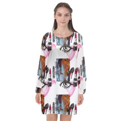 Modern Art Long Sleeve Chiffon Shift Dress 