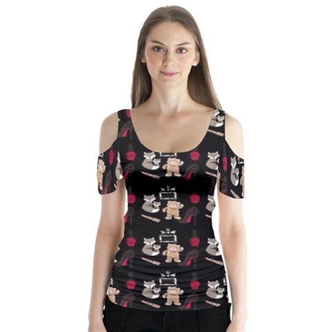 Cat Pattern Butterfly Sleeve Cutout Tee  by Sparkle