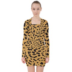 Animal Print - Leopard Jaguar Dots V-neck Bodycon Long Sleeve Dress by ConteMonfrey