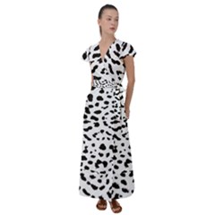 Black And White Leopard Dots Jaguar Flutter Sleeve Maxi Dress