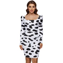 Black And White Leopard Dots Jaguar Women Long Sleeve Ruched Stretch Jersey Dress by ConteMonfrey