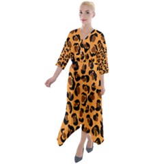 Orange Leopard Jaguar Dots Quarter Sleeve Wrap Front Maxi Dress