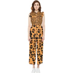Orange Leopard Jaguar Dots Women s Frill Top Chiffon Jumpsuit by ConteMonfrey
