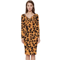 Orange Leopard Jaguar Dots Long Sleeve V-neck Bodycon Dress 