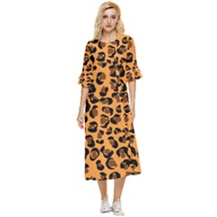 Orange Leopard Jaguar Dots Double Cuff Midi Dress by ConteMonfrey