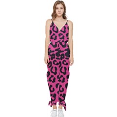 Leopard Print Jaguar Dots Pink Neon Sleeveless Tie Ankle Chiffon Jumpsuit