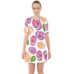 Colorful Seamless Floral, Flowers Pattern Wallpaper Background Sixties Short Sleeve Mini Dress by Amaryn4rt
