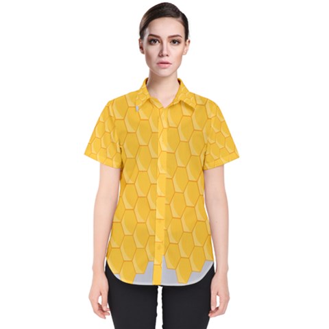 Hexagons Yellow Honeycomb Hive Bee Hive Pattern Women s Short Sleeve Shirt by artworkshop