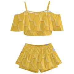 Hexagons Yellow Honeycomb Hive Bee Hive Pattern Kids  Off Shoulder Skirt Bikini by artworkshop