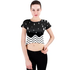 Black And White Waves And Stars Abstract Backdrop Clipart Crew Neck Crop Top by Amaryn4rt