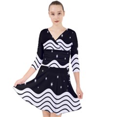 Black And White Waves And Stars Abstract Backdrop Clipart Quarter Sleeve Front Wrap Dress by Amaryn4rt