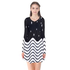 Black And White Waves And Stars Abstract Backdrop Clipart Long Sleeve V-neck Flare Dress by Amaryn4rt