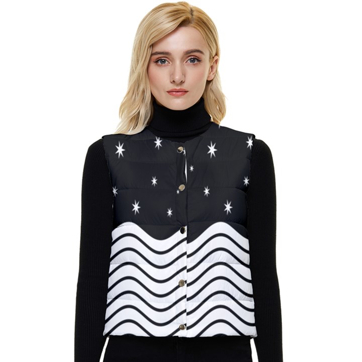 Black And White Waves And Stars Abstract Backdrop Clipart Women s Short Button Up Puffer Vest