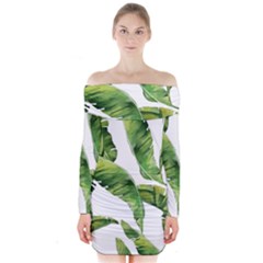 Sheets Tropical Plant Palm Summer Exotic Long Sleeve Off Shoulder Dress by artworkshop
