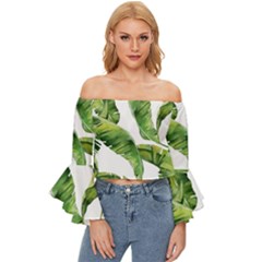 Sheets Tropical Plant Palm Summer Exotic Off Shoulder Flutter Bell Sleeve Top by artworkshop