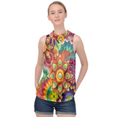 Mandalas Colorful Abstract Ornamental High Neck Satin Top by artworkshop