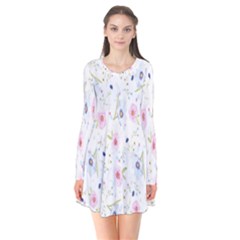 Pattern Flowers Long Sleeve V-neck Flare Dress by artworkshop