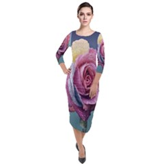 Rose Flower Love Romance Beautiful Quarter Sleeve Midi Velour Bodycon Dress by artworkshop