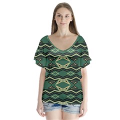 Abstract Pattern Geometric Backgrounds V-neck Flutter Sleeve Top by Eskimos