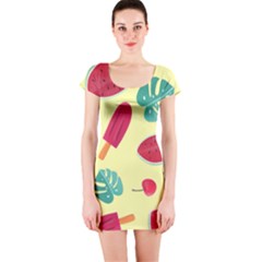 Watermelon Leaves Cherry Background Pattern Short Sleeve Bodycon Dress by nate14shop