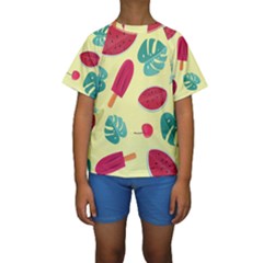 Watermelon Leaves Cherry Background Pattern Kids  Short Sleeve Swimwear by nate14shop