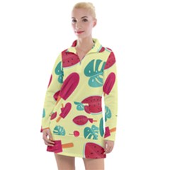 Watermelon Leaves Cherry Background Pattern Women s Long Sleeve Casual Dress by nate14shop